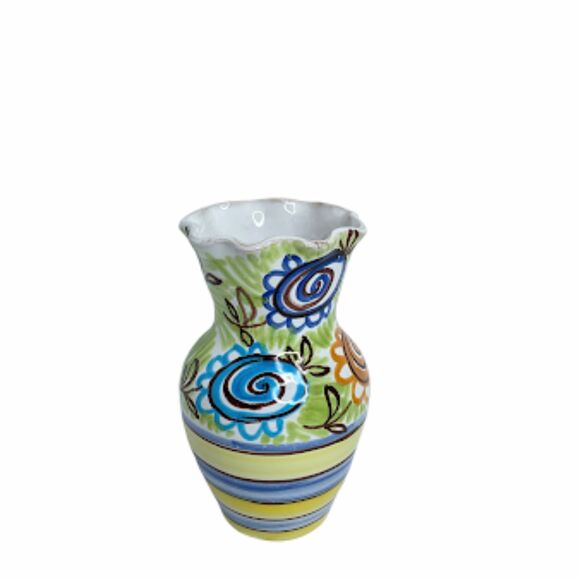 Small Hand Painted Italian Pottery Vase Signed Italy Yellow Green Blue Orange - Picture 10 of 10